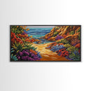 Colorful Beach, Pathway, Painting, Framed Canvas Print vibrant coastal trail wall decor, tropical beach boho art, hallway accent