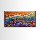 Sunset Ocean, Bold Waves, Color Splash, Canvas Print, Vibrant Seascape Art, Beach House Decor, Coastal Living Room Wall Art