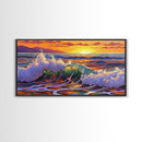 Wave Ocean, Sunset, Surf, Framed Canvas Print, tropical wave wall decor, surf boho art, vibrant beach bathroom or office wall art