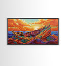 Shipwreck Sunset, Sea, Rustic, Framed Canvas Print, nautical fall coastal decor, beach cabin art, rustic ocean themed living room art