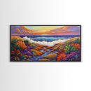 Sunset Ocean, Garden, View, Framed Canvas Print, coastal sunset wall art, tropical flowers, beach décor, boho landscape, living room
