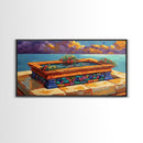 Tile Garden, Water, Feature, Framed Canvas Print Bright terracotta planter wall art, outdoor courtyard or patio decor, folk painting
