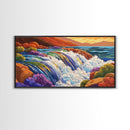 Waterfall Rainbow, Canyon, Bold, Framed Canvas Print vibrant nature bathroom decor, boho rainbow mountain wall art, fantasy print