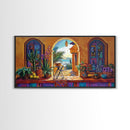Archway Ocean, Tropical, Framed Canvas Print, Colorful tropical patio view through arch, Mexican coastal decor, Dining Wall Art