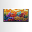 Reef Sunset, Underwater, Framed Canvas Print, Vibrant coral reef with tropical plants, sunset sky, Beachy decor, Bathroom Wall Art