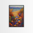 Path Ocean, Flowers, Shoreline, Framed Canvas Print, Bright coastal landscape, colorful wildflower path, Bathroom or Entryway Wall Art