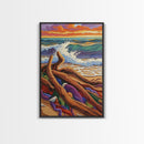 Driftwood Waves, Beach, Sunset, Framed Canvas Print, Coastal stormy beach scene, textured seascape painting, Nautical Bathroom Wall Art