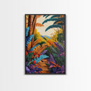 Tropical Jungle, Foliage, Path, Framed Canvas Print, Vibrant Botanical Wall Art, Boho Living Room Decor, Colorful Nature Painting