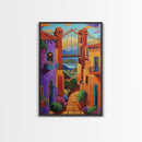 Bridge Street, Sunset, Framed Canvas Print, Colorful Cityscape Wall Art, Vibrant Urban Decor, Boho Architecture Print, Hallway Wall Art