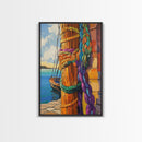 Boat Dock, Ropes, Framed Canvas Print, Nautical Coastal Wall Art, Vibrant Marina Scene, Boho Seaside Decor, Bathroom art, Office Wall Art
