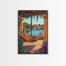 Hammock Patio, Relax, Lake, Framed Canvas Print, bohemian outdoor decor, tropical vacation art, summer patio vibe, living room wall art