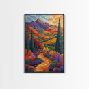 Colorful Mountain, Pathway, Autumn, Framed Canvas Print, Vibrant Fall Landscape Art, Boho Living Room Decor, Nature Wall Painting