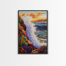 Wave Splash, Cliffside, Sunset, Framed Canvas Print, Bold Ocean Wall Art, Coastal Living Room Decor, Vibrant Beach Seascape Painting