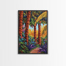 Palm Forest, Jungle Path, Tropical Garden, Canvas Print, exotic greenery, vibrant landscape painting, boho decor, Bathroom Wall Art