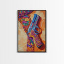 Bold Gun Art, Floral Pistol, Vibrant Western, Pop Art, Framed Canvas Print, Man Cave Wall Art, boho western decor, edgy wall art