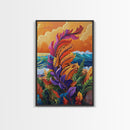 Feather Leaves, Ocean Vibe, Sunset Garden, Fall Colors, Framed Canvas Print, botanical wave art, autumn leaf decor, coastal plant painting
