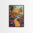 Coastal Village Path, Sunset Vibes, Tropical Getaway, Bright Colors, Framed Canvas Print, Coastal Wall Art, Living Room Decor, Boho Art