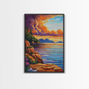 Sunset Shore, Tranquil, Mountains, Framed Canvas Print scenic mountain coast, sunset wall art, calming nature art, bohemian living room decor