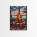 Firepit Sunset, Lake, Campfire, Framed Canvas Print lakeside bonfire painting, cozy outdoor scene, Fall cottage decor, family room wall art
