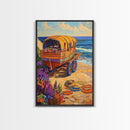 Wagon Ocean, Boho, Beach Scene With Hat Art, Framed Canvas Print, Eclectic Living Room Wall Art, Summer Coastal Decor, Vibrant Colors