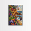 Tropical Coast, Flowers, Waves, Framed Canvas Print vibrant beach cliff wall art, coastal botanical boho decor, Living Room Wall Art