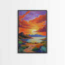 Sunset, Desert, Lake, Landscape, Framed Canvas Print, Vibrant sunset over desert lake with bold skies, perfect Southwest living room wall art