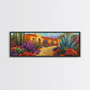 Desert Garden, Adobe Home, Cactus Pathway, Colorful Southwest, Framed Canvas Print, Kitchen Wall Art, Boho Western Decor, Vibrant Desert Scene