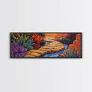 Garden Pathway, Floral Stream Art, Bold Colors, Succulent Garden Style, Framed Canvas Print, Kitchen or Hallway Wall Art