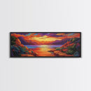 Rocky Sunset, Tranquil Cove, Mountain Glow, Ocean Calm, Framed Canvas Print, vivid sunset art, nature escape, living room decor