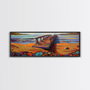 Seaside Pier, Vibrant Coast, Beach View, Framed Canvas Print, coastal artwork, beach house decor, summer vibes, living room art