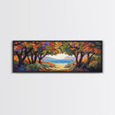 Seaside Trees, Autumn Canopy, Ocean View, Coastal Path, Framed Canvas Print colorful fall wall art, entryway decor, boho nature scene