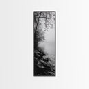 Lakeside Mist, Rocky Shoreline, Tranquil Forest, Framed Canvas Print, Peaceful woodland wall art, Fall neutral decor, Nature themed office print