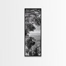 Mangrove Shoreline, Tree Reflections, Still Waters, Tranquil Escape, Black White Nature Framed Canvas Print, Zen Wall Art Entryway Decor