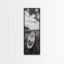Surfboard Still, Rocky Shore, Beach Vibes, Framed Canvas Print, Coastal Bathroom Wall Art, Minimalist Beach Decor, Summer Style