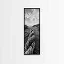 Rope in Sand, Beach Path Perspective, Coastal Journey, Framed Canvas Print, Bathroom Wall Art, Seaside Style, Minimalist Nautical Scene