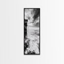 Ocean Waterfall, Coastal Nature, Monochrome Landscape, Framed Canvas Print, Minimalist Bathroom Wall Art, Black White Ocean Art