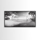 Volleyball Net, Coastal Leisure Scene, Bright Beach Vibe, Framed Canvas Print, Game Room Wall Art, Sporty Summer Beach Style