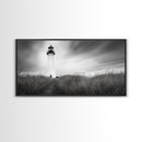 Lighthouse Grass, Seaside Tower, Stormy Sky, Black White, Framed Canvas Print, Beach Bathroom Art, Minimalist Decor, Nautical Print