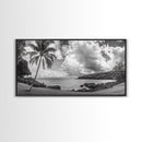 Tropical Coast, Palm Beach, Island View, Cloudy Sky, Framed Canvas Print, Coastal Living Room Art, Beach Wall Decor, Summer Style