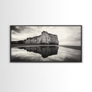 Cliff Reflection, Coastal Monolith, Seashore Beauty, Sunset Vibes, Framed Canvas Print, Living Room Art, Minimalist Beach Scene