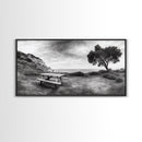 Picnic Table View, Coastal Meadow Scene, Tree and Cliff Horizon, Framed Canvas Print, Relaxing Kitchen or Outdoor Patio Wall Art