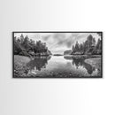 Forest Shoreline, Pebble Beach, Misty Inlet, Calm Waters, Canvas Print, natural modern art, neutral palette, living room wall decor