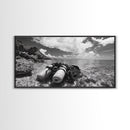 Dive Gear Shoreline, Ocean Exploration Scene, Black and White Adventure Art, Canvas Print, Nautical Decor, Man Cave Wall Art, Nautical Wall Art
