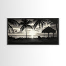 Palm Trees, Beach Sunset, Ocean View, Tiki Hut, Framed Canvas Print, tropical wall art, beach house decor, living room boho art