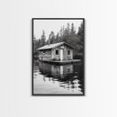 Floating Cabin, Lake House, Forest Reflection, Tranquil Waters, Framed Canvas Print, Bedroom Wall Art, Cabin Aesthetic, Rustic Nature Vibe