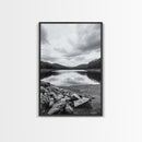 Misty Lake View, Peaceful Reflections, Nature Tranquility, Framed Canvas Print, Bedroom Wall Art, Black and White Landscape, Minimalist Art