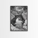 Reflective Rock Pool, Tranquil Nature, Monochrome Landscape, Black and White Framed Canvas Print, Minimalist Bathroom or Spa Wall Art