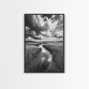 Marshland Stream, Dramatic Clouds, Nature Reflection, Canvas Print, Minimalist Landscape, Bathroom Art, Earthy Tones, Zen Mood