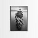 Solitary Cliff Tree, Calm Waters, Moody Horizon, Framed Canvas Print, Minimalist Nature Wall Art, Office Wall Decor, Zen Art