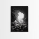 Sea Cave Entrance, Ocean Grotto, Light Escape, Rocky Tide, Canvas Print, Bathroom Wall Art, Black and White Seascape Photo